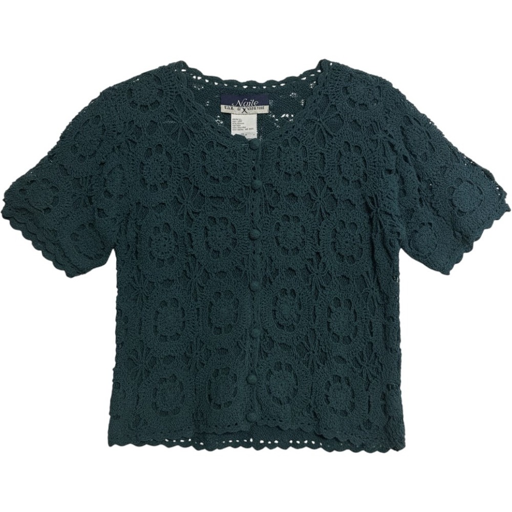Vintage Noile Silk Exchange Teal Green Crochet Silk‎ Cotton Knit Cardigan Large